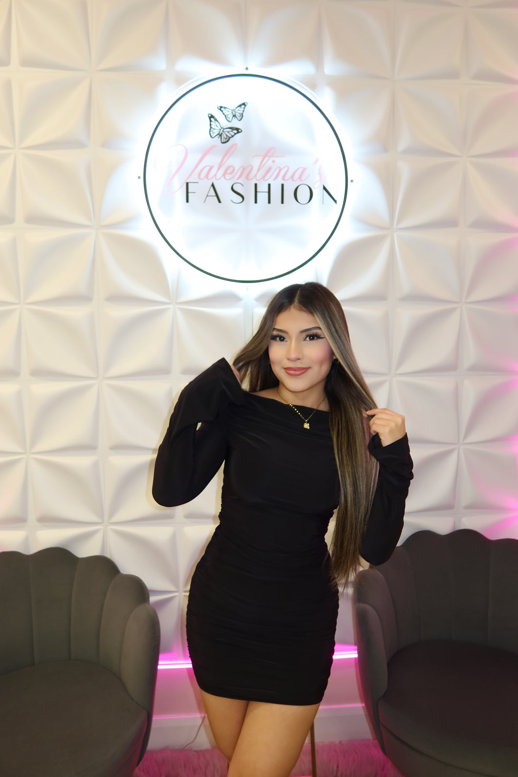 Noir Luxe Off-Shoulder Dress