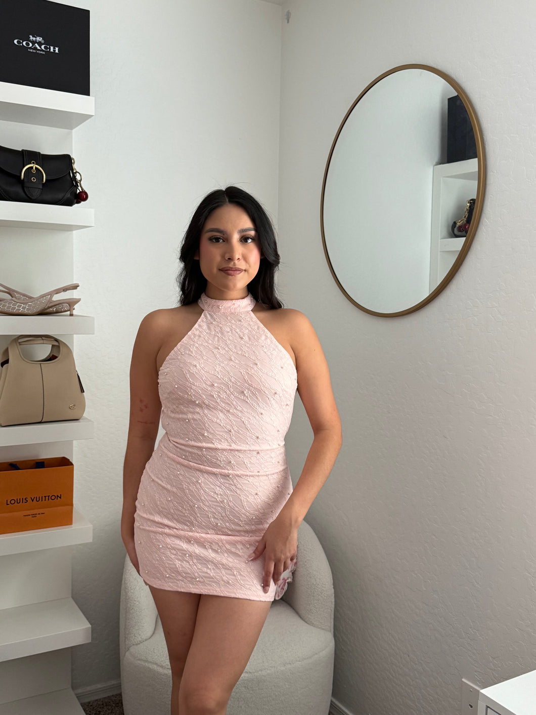 Pearl Perfection Halter Mini Dress